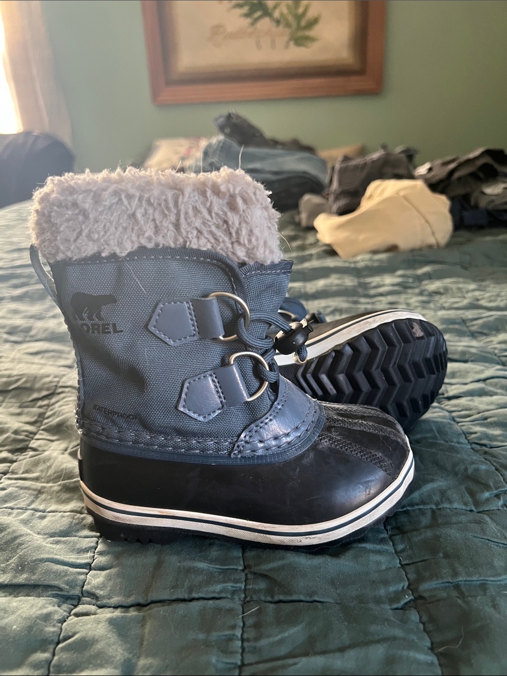 Sorel Kids Navy Blue Winter Boots with Cream Faux Fur
